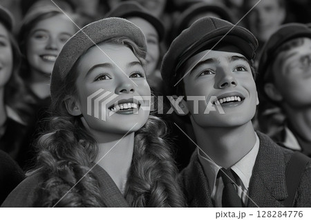 Group of cheerful male and female twins enjoying a retro vintage moment at a lively event 128284776