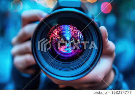 Capturing passion with a large lens against a backdrop of vibrant distorted reality 128284777