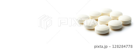 Medical tablets isolated on white background for online pharmacy and treatment options. Header banner mockup with copy space. 128284778