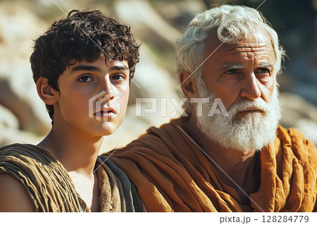 Plato teaches young Aristotle about sciences using ancient papyri in a classical setting 128284779