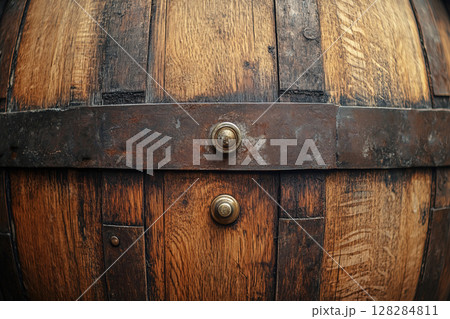 Antique oak wine barrel isolated on white background showcasing traditional craftsmanship Antique oak wine barrel isolated on white background showcasing traditional craftsmanship 128284811