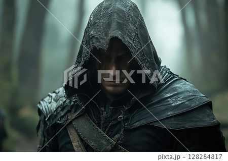 Medieval warrior in a dark forest preparing for a hidden mission against his foes 128284817
