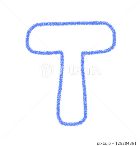 アルファベットT　 手書き文字　かわいい　素材　青　イラスト　素材　アイコン　クレヨン風	 128284861