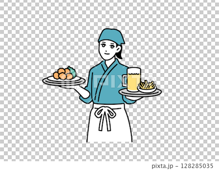 A female izakaya waitress carrying food A female izakaya waitress carrying food 128285035