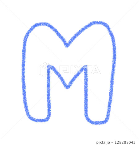 アルファベットM　 手書き文字　かわいい　素材　青　イラスト　素材　アイコン　クレヨン風 128285043