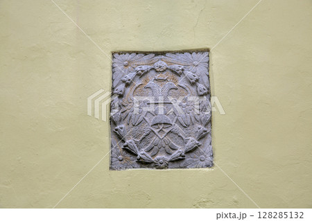 Ornate Venetian coat of arms carved in stone. Motovun, Croatia. Ornate Venetian coat of arms carved in stone. Motovun, Croatia. 128285132