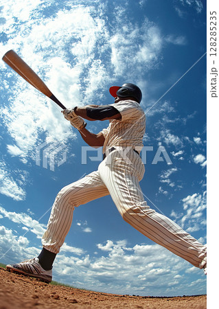 Baseball player swings bat to make impact during a daytime game on a sunny field Baseball player swings bat to make impact during a daytime game on a sunny field 128285235