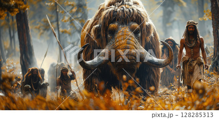 Stone Age mammoth predator surrounded by primitive men with weapons. 128285313
