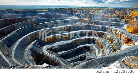 Mining industry, open quarry mining stone mineral, aerial view from drone. Special vehicles trucks drive in quarry. 128285330
