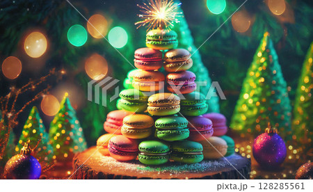 マカロンでできたクリスマスツリー ／ カラフルで楽しいホリデーシーズンのスイーツデコレーション 128285561