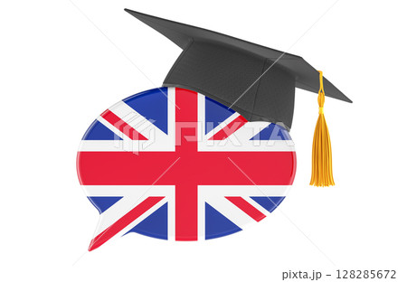 English language learning, education, and communication concept. Speech bubble with United Kingdom flag and graduation cap. 3D rendering 128285672