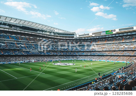 Exciting European football match at a historic stadium under a clear sky 128285686