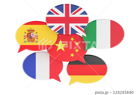 Speech bubbles with world flags. Global communication and learning foreign languages, 3D rendering Speech bubbles with world flags. Global communication and learning foreign languages, 3D rendering 128285690
