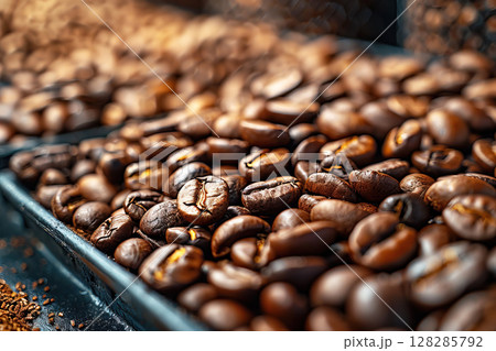 Coffee beans close-up macro, brown black caffeine ingredient texture. 128285792