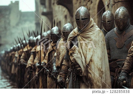 Knights in armor prepare for a crusade in a historical fortress setting 128285838
