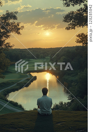 Golf player reflects at sunset on a serene golf course near the water 128285842