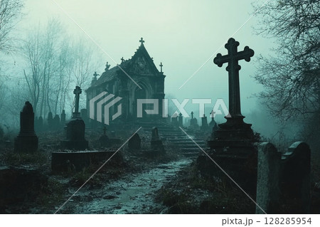 Moody depiction of a soldier's memory at an ancient cemetery during foggy twilight 128285954