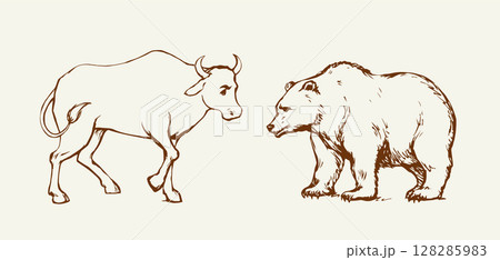Vector drawing. Big cow and bear 128285983