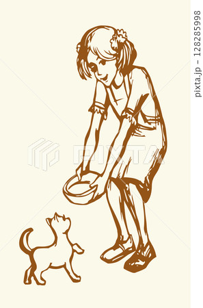 Vector Drawing. Girl feeding a cat 128285998