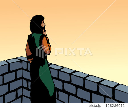 Vector drawing. King David on the roof of palace Vector drawing. King David on the roof of palace 128286011