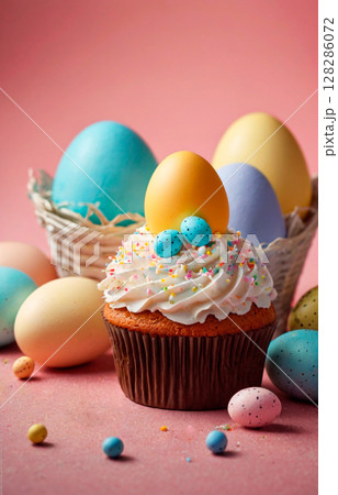 The photo _easter composition with eggs and cupcake 128286072