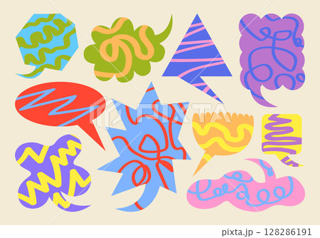 Speech bubble shapes in retro cartoon style. Abstract silhouettes: comic clouds, messages, leaves, graphic elements. Funky sticker collection for text highlight. Trendy frames, Illustration in doodle. Speech bubble shapes in retro cartoon style. Abstract silhouettes: comic clouds, messages, leaves, graphic elements. Funky sticker collection for text highlight. Trendy frames, Illustration in doodle. 128286191