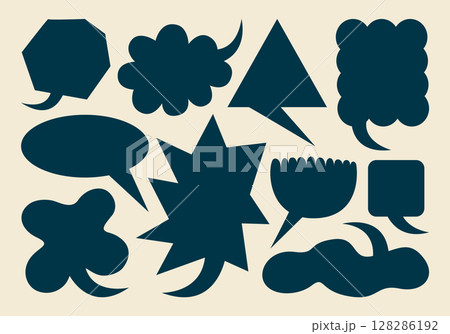 Speech bubble shapes in retro cartoon style. Abstract silhouettes: comic clouds, messages, leaves, graphic elements. Funky sticker collection for text highlight. Trendy frames, Illustration in doodle. 128286192