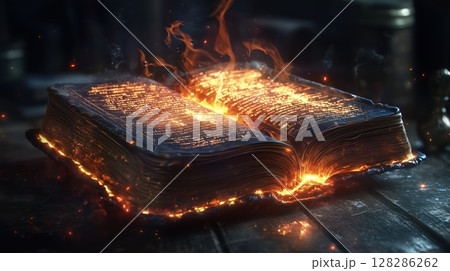 燃え上がる魔導書と輝く古代の呪文ページ 128286262