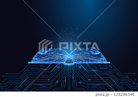 Futuristic glowing open book on circuit board symbolizing AI education, smart learning, e-knowledge Futuristic glowing open book on circuit board symbolizing AI education, smart learning, e-knowledge 128286346