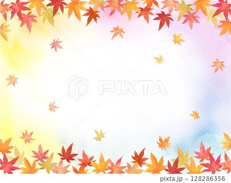 カラフルな水彩背景に紅葉のフレーム 128286356