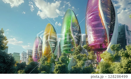 自然と融合したカラフルな未来型建築群 128286499