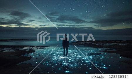 夜の海と光の粒に包まれた幻想的な人物 夜の海と光の粒に包まれた幻想的な人物 128286514