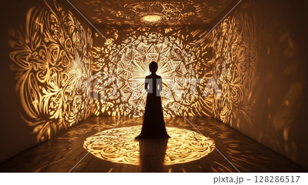 繊細な光模様に包まれた幻想的な女性の影 繊細な光模様に包まれた幻想的な女性の影 128286517