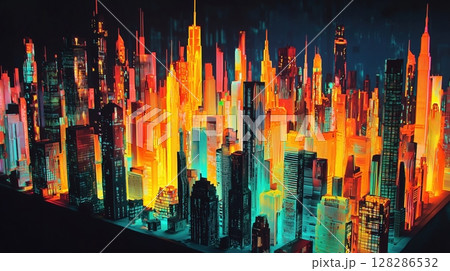 ネオンに染まる近未来都市の俯瞰図 ネオンに染まる近未来都市の俯瞰図 128286532