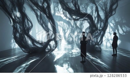 暗闇に浮かぶ幻想的な影のインスタレーション 128286533
