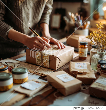 Small business owner preparing sustainable packages for delivery 128286563
