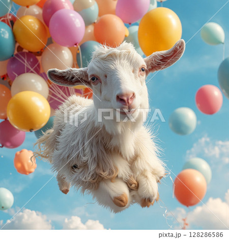 White goat flying with colorful balloons in blue sky 128286586