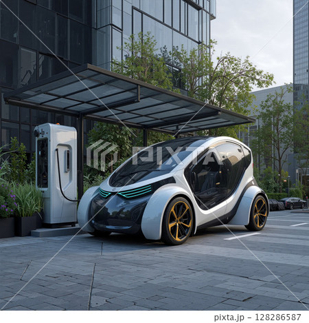 Futuristic electric car charging at public station in urban setting 128286587
