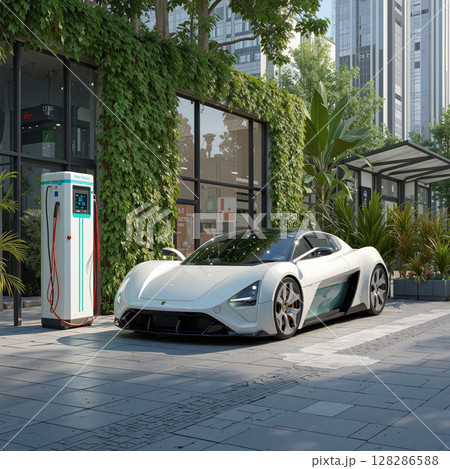 Futuristic white electric car charging at station in urban setting 128286588