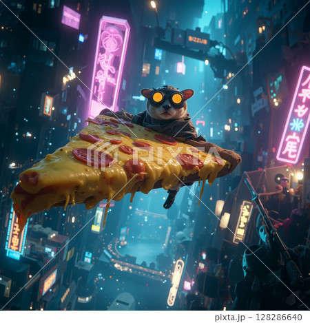 Sugar glider flying on giant pizza slice in cyberpunk city 128286640