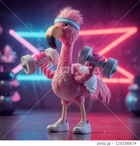 Flamingo exercising in a vibrant gym with neon lights and dumbbells for a fun workout session 128286674
