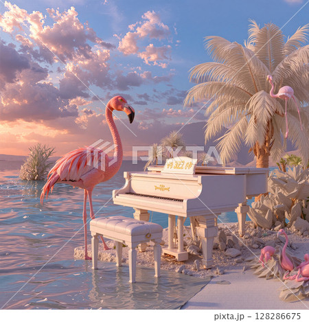Pink flamingo stands beside a grand piano near calm waters under a colorful sunset sky with palm trees 128286675