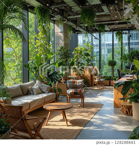 Office space filled with greenery and natural light promotes creativity and relaxation in a modern setting 128286681