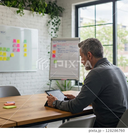 Focused professional utilizing tablet in modern office setting. 128286760