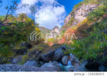 【紅葉素材】秋の絶景・昇仙峡のシンボル覚円峰の紅葉【山梨県】 128286923