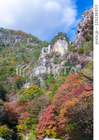 【紅葉素材】秋の絶景・昇仙峡のシンボル覚円峰の紅葉【山梨県】 128286933