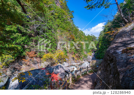 【紅葉素材】秋の絶景・昇仙峡のシンボル覚円峰の紅葉【山梨県】 128286940