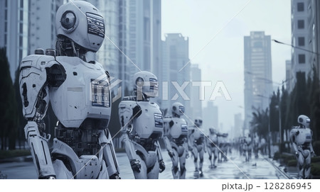 スマートシティに立ち並ぶ白いAIロボットたち 128286945
