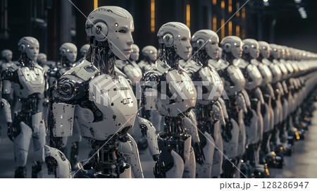 量産ラインで整列する人型ロボットたち 128286947