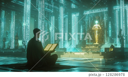 未来寺院で祈るAI僧とデジタル神像 128286978